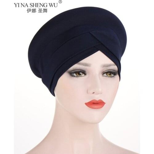 Muslim Women Semicircle Cross Sponge Headscarf Fashion Style Semicircle Solid Color Turban Hat Chemo Headwear Headwrap Cap Hair