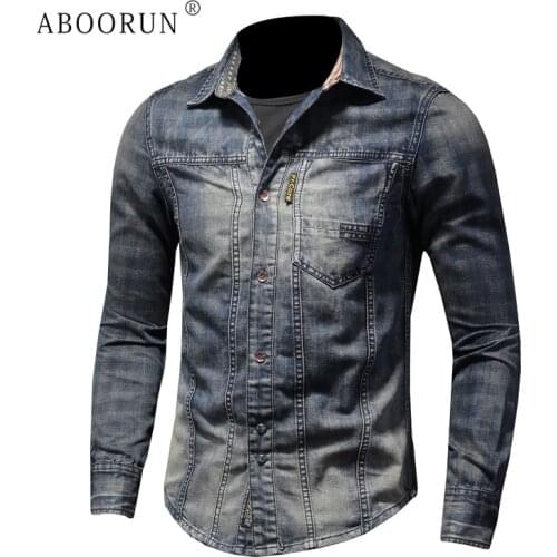ABOORUN 2021 Mens Retro Patchwork Printedd Denim Shirts Hi Quality Long Sleeve Cotton Shirts for Male