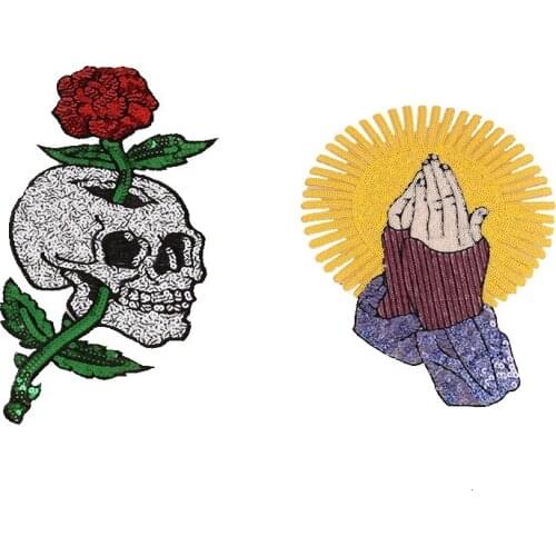 2019 New Rose Skull Head Sequined Iron on Patches for Clothes Prayer Hand Sequins Embroidery Appliques DIY Accessories
