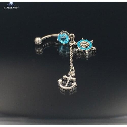 Lake Blue Anchor Navel Piercing Ombligo Navel Ring Rudder Belly Button Rings Long Chain Dangle Belly Piercing Nombril Pircing