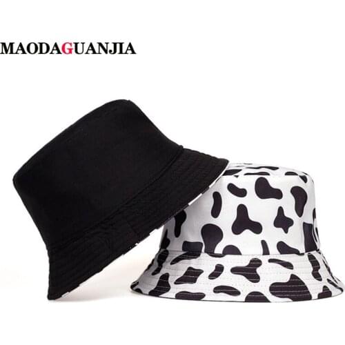 New High Quality Fashion Cow Print Hat White Black Bucket Hat Reversible Fisherman Caps Summer Hats For Women Gorras 2020