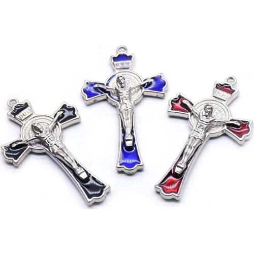 QIGO Religious Jewelry Metal Enamel Jesus Cross Key Chain Necklace Pendant Accessories Black Blue Red