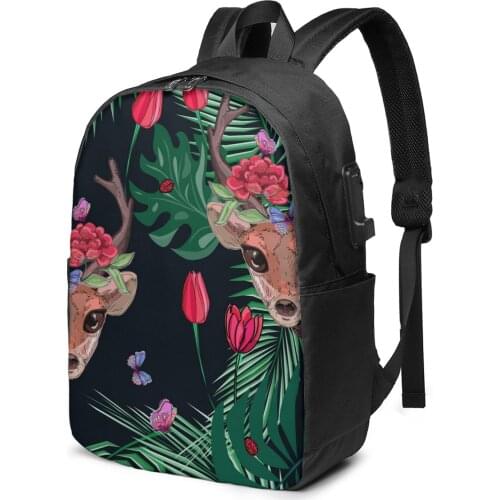 Deer Butterflies And Flowers On Leaves Women Men Backpack USB Charge School Bag For Girl Boy Travel Laptop Bookbag Daypack