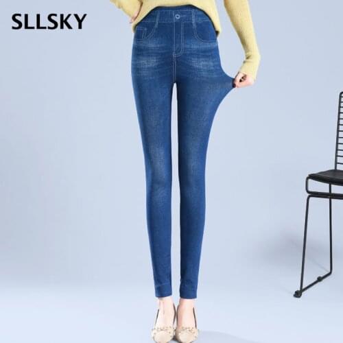 SLLSKY Fashion Womens Leggings Faux Denim Pants Sexy Elastic Jeggings Soft Casual Thin Pencil Pants Fitness Fake Pockets