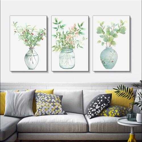 Modern Simple Plant Flower Canvas Painting, Small Fresh Water Color Mural, Plant Vase Poster, Waterproof Canvas Printing, Decora