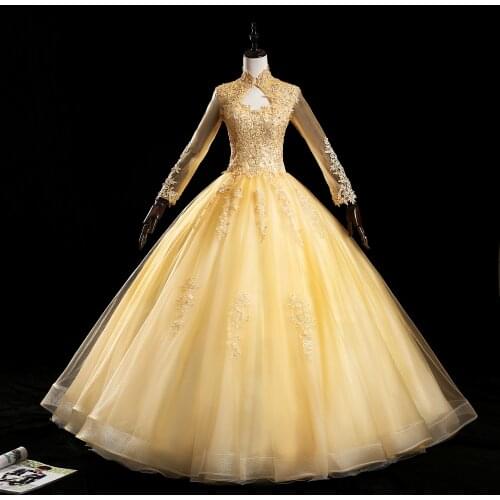 Vintage High Neck Long Sleeve Quinceanera Dresses Womens Ball Gown Prom Gowns Beaded Lace Gold Tulle Abendkleider