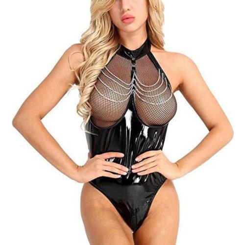 Gothic New Sexy Bodysuit PU Hollow Bodysuit Dance Clothing Female Open Bottom Exposed Chest Locomotive Suit