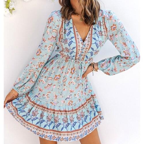 GypsyLady Spring New Floral Mini Dress Blue Chic Boho Vintage V-neck Sexy Women Dress Long Lantern Sleeve Ruffles Ladies Dresses