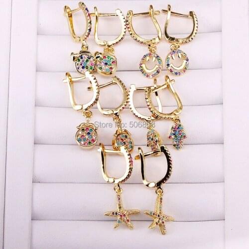 6 Pairs ZYZ319-2848 Gold color rainbow jewelry dangle earring multi color cz hamsa hand/star/smile face charming women earring