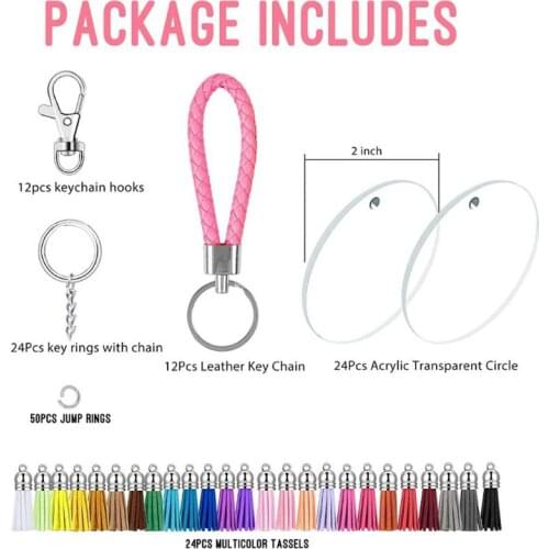Large Kit Acrylic Clear Circle Discs Key Chains Clear Round Acrylic Keychain Blanks Leather Tassel Pendant Keyring Kit