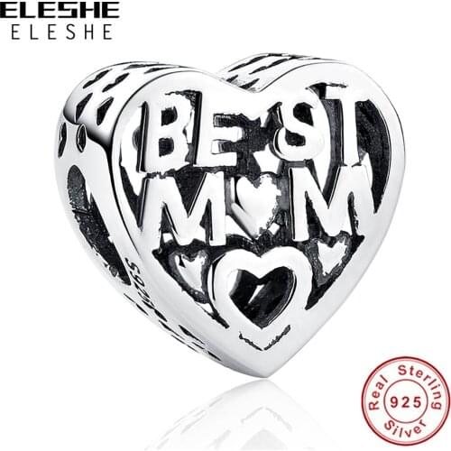 ELESHE Real 925 Sterling Silver Best MOM Heart Beads Charms Fit Original Bracelet Necklace DIY Jewelry Making Mothers Day Gift