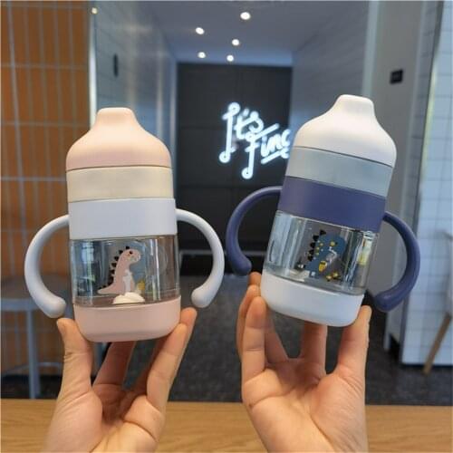 New dinosaur tritan material infant duckbill straw cup creative handle square water cup anti-choking learn to drink cup