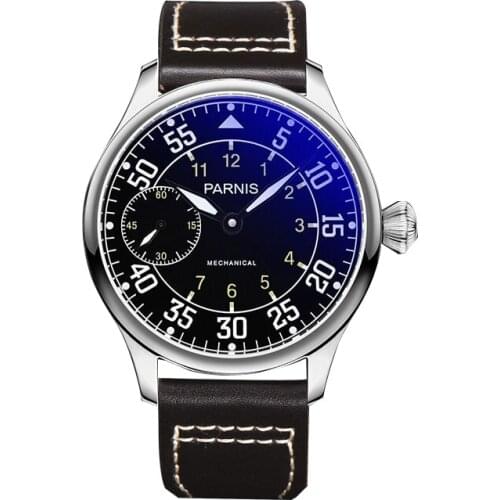 Casual Parnis Mechanical Watches Fashion Men Watch 44mm Hand Winding Black Dial White Mark Genuine Leather Strap with box gift