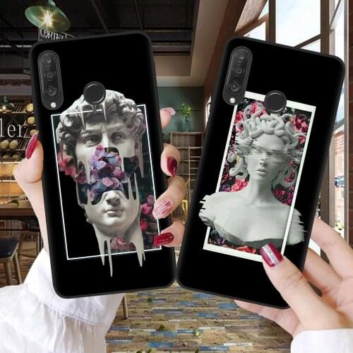 Black Silicone Back Cover For Coque Huawei P10 P20 P30 P40 Lite E Pro Funny David Statue Mona Lisa Abstract Art Phone Case Shell