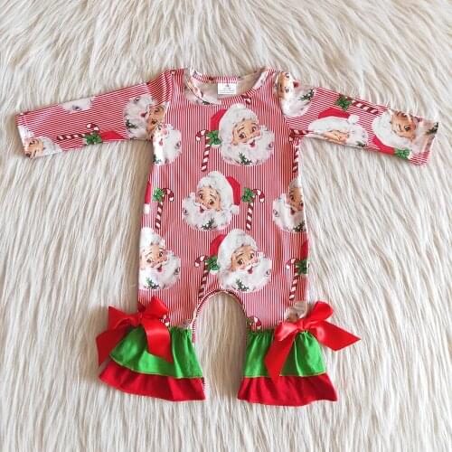 Toddler Girs Cute Cartoon Printed Rompers Kids Christmas Long Sleeve Jumpsuit Baby Girl High Quality Trousers With Red Bows