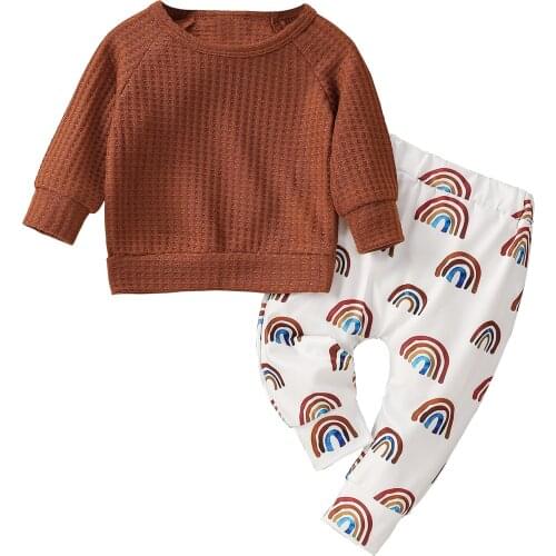 Wallarenear Newborn Infant Baby Girl Autumn 2pcs Clothing Set Long Sleeve Solid Top Shirt Rainbow Printed Long Pants
