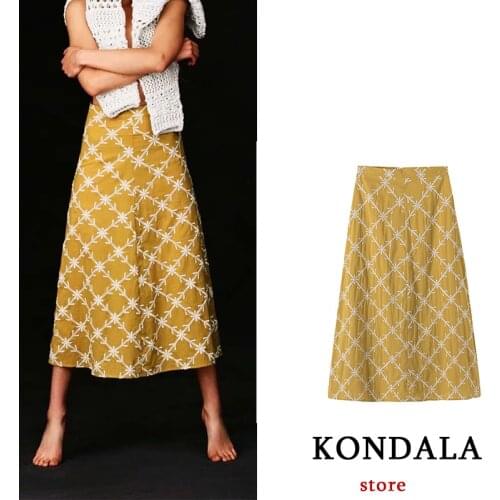 KONDALA Za Women Fashion Snowflake Embroidered Skirt Yellow Elegand Styl wrap Skirt Woven 100% Cotton Oversized Mid Mujer Moda