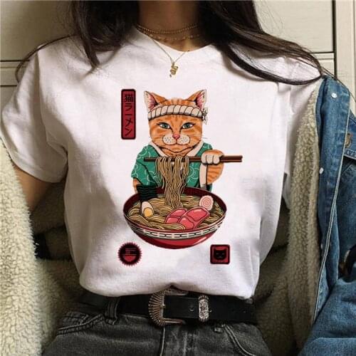 Summer New Fashion Unisex T-shirt Cute Cartoon Cat Eat Hand-Pulled Noodles Graphic Printed Women Tshirts Female Casual Tops Tee