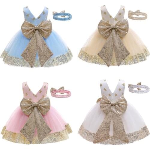 Princess Toddler Baby Girls Dress Headband 2Pcs Star Sequined Bowknot Lace Sleeveless Tutu Dress Party Outfits 4 Color 1-6Years