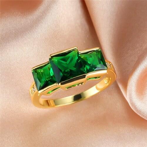 Luxury Female Crystal Green Stone Ring Charm Big Gold Color Wedding Rings For Women Promise Square Zircon Engagement Ring