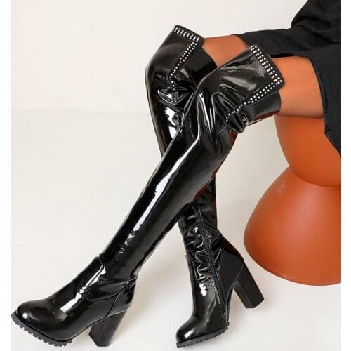 Autumn Winter New Style Patent Leather Knee Boots Lady Fashion Rhinestone Boots Lady Round Toe Zipper Square High Heel Shoes