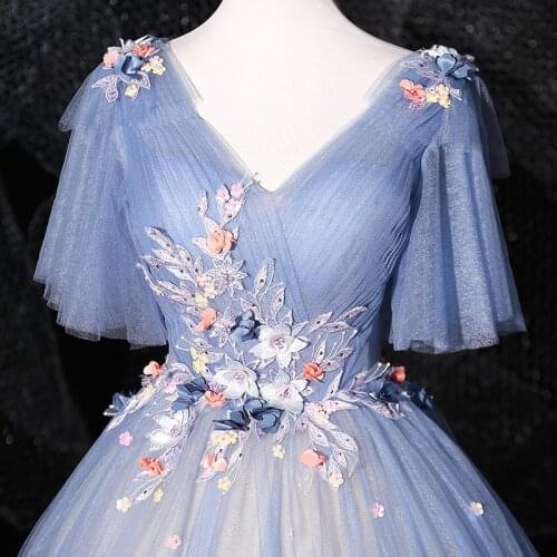 Light blue pleated applique flower embroidery fairy court ball gown royal Medieval Renaissance Victorian dress Belle ball