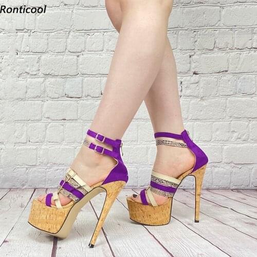 Ronticool Women Ankle Strap Sandals Faux Suede Sexy Stiletto Heels Open Toe Beautiful Purple Pink Red Dress Shoes US Size 5-20
