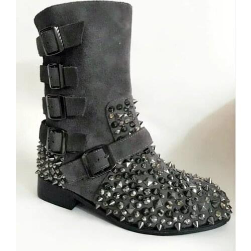 Woman Metal Rivet Studded Round Toe Ankle Boots Buckle Belt Suede Leather Boots Women Low Heels Slip On Boots Mujer Shoes Woman