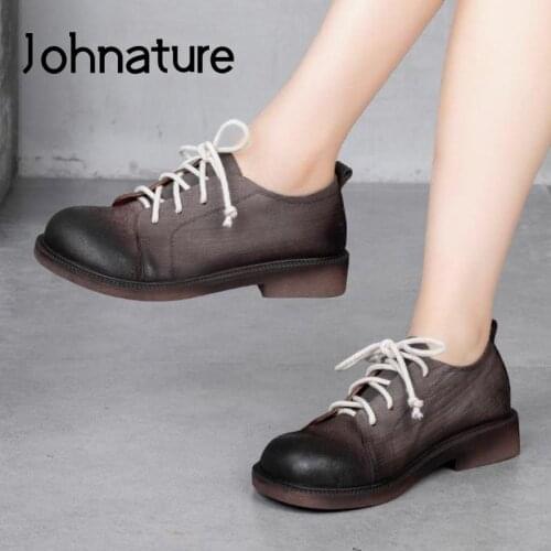 Johnature Pumps Women Shoes Retro Spring/Autumn 2021 New Genuine Leather Lace-Up Handmade Concise Platform Heels Ladies Shoes