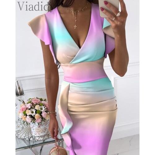 Women Elegant Deep V Neck Ruffles Design High Waist Bodycon Midi Dress