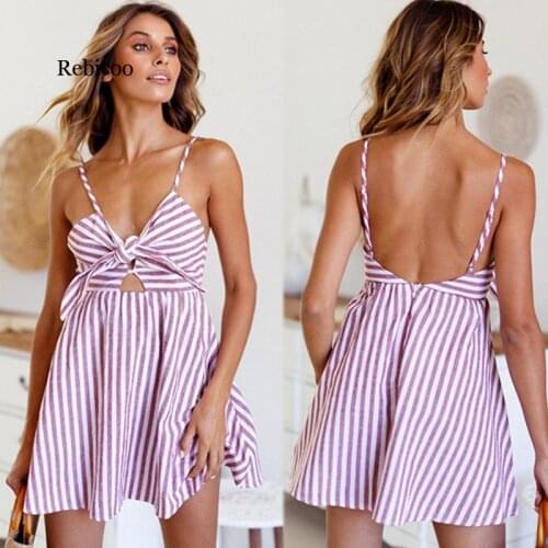 Ladies Striped Dress Summer Style Women Sexy Spaghetti Strap Hollow Out A Line Party Dresses V Neck Backless Beach Vestidos