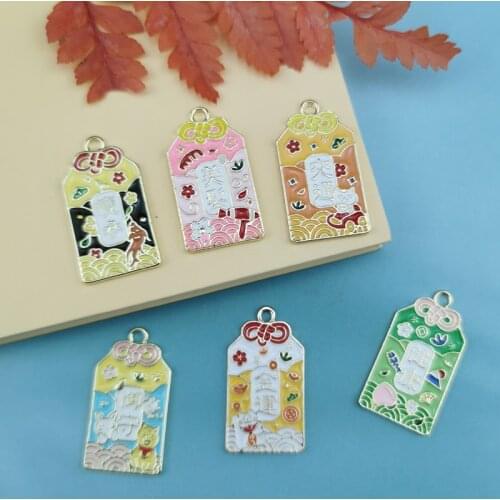 10pcs Enamel Charms Japanese Lucky Brand Design Tag Pendants for Jewelry Making Earrings Bracelet Floating Golden Base 17*33mm