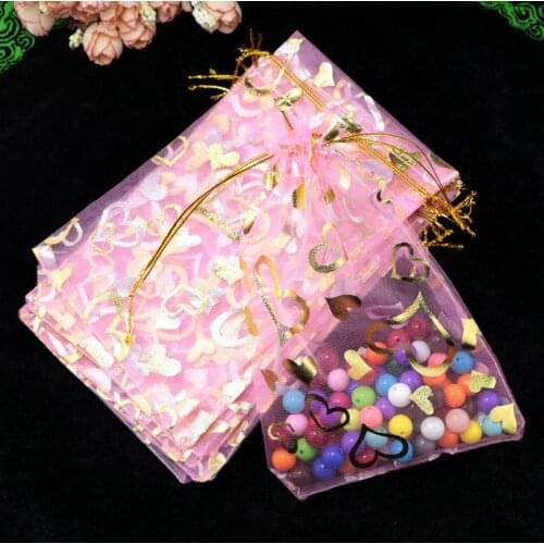 100pcs/lot Pink color Organza Bag 11x16cm Gold Heart Design Wedding Gift Jewelry Packaging Organza Pouches Nice Gift Bags