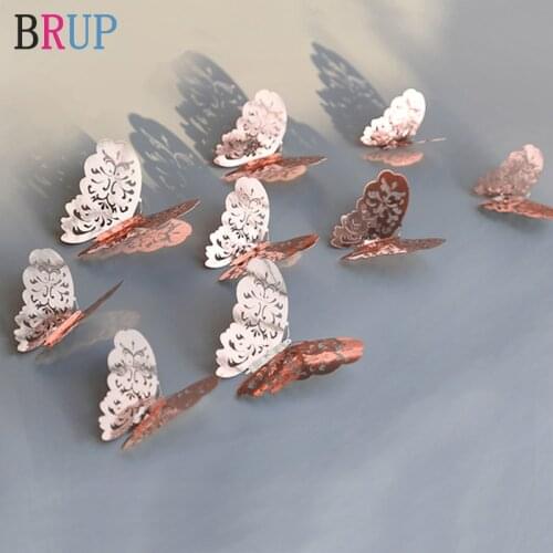 12Pcs/lot Rose Gold Color 3D Hollow Golden Silver Butterfly Wall Stickers Home Decorations Wall Decals for Party Wedding Shop