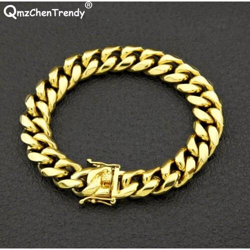 2018 Stainless Steel Hip hop Mens Curb Cuban Chain Bracelets Bangle Dargon Square Lock Clasp Jewelry 8/10/12/14MM Drop shopping