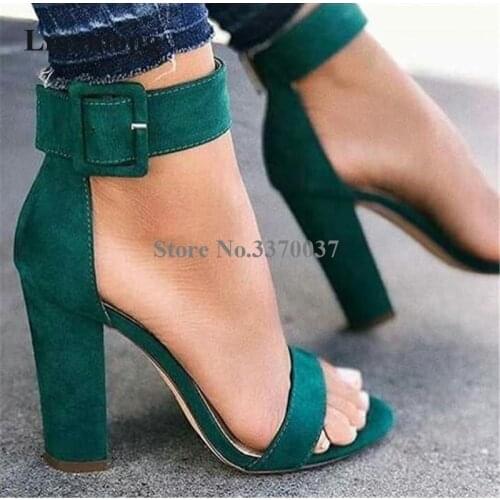 Women Fashion Open Toe One Strap Suede Leather Chunky Heel Sandals Ankle Strap Buckles Thick High Heel Sandals Dress Heels Shoes