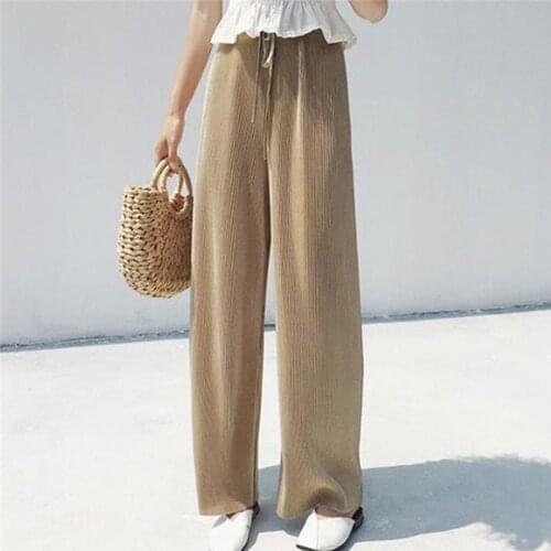 Summer Wide Leg Pants For Women Casual Stretch High Waist Loose Long Pants Femme Comfortable Plus Size Pleated Trousers