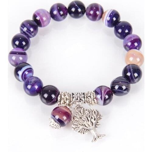 Chakra Natural Stone Purple Vein Agates Onyx Bracelets Tree of Life Mala Beads Reiki Healing Meditation Energy Bangles Bangles