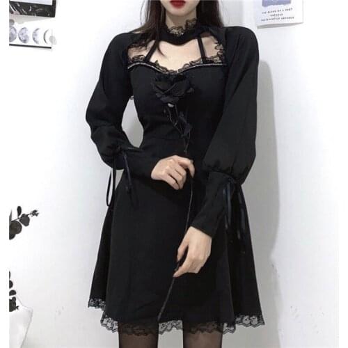 HOUZHOU Black Dress Gothic Lace Patchwork Hollow Out Women Sexy Long Sleeve Dresses Harajuku Oversize Vintage Dark Y2k Outfits