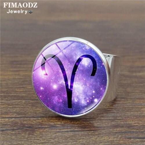 FIMAODZ 12 Constellation Zodiac Ring Silver Universe Nebula Cancer Libra Charm Adjustable Open Rings Women Birthday Gift Jewelry