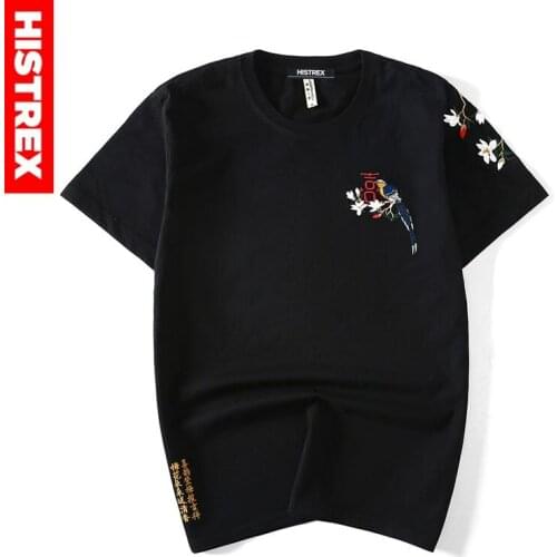 HISTREX Hip Hop Streetwear Embroidery "marry & bird" Chinese Style Men T Shirt Top Cotton T-Shirts Plus Size 4XL 5XL #TS1017