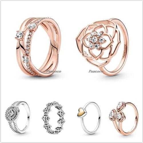 Authentic 925 Sterling Silver Two Tone Domed Golden Heart Rings For Women Wedding Party Gift Pandora Jewelry