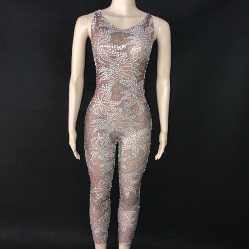 Silver Stones Flower Brown Transparent Jumpsuit Prom Singer Dancer Costume Birthday Celebrate Collection Sexy Leggings