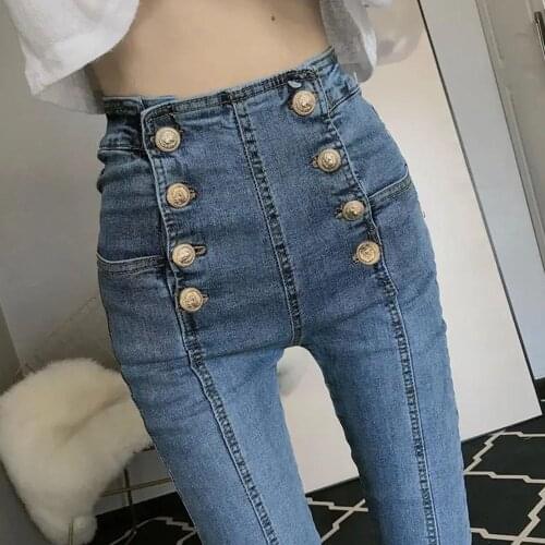 Korean High Waist Stretch Pencil Jeans Elastic Skinny Double Breasted Denim Trousers Women Spring And Autumn Plus Size Jeans