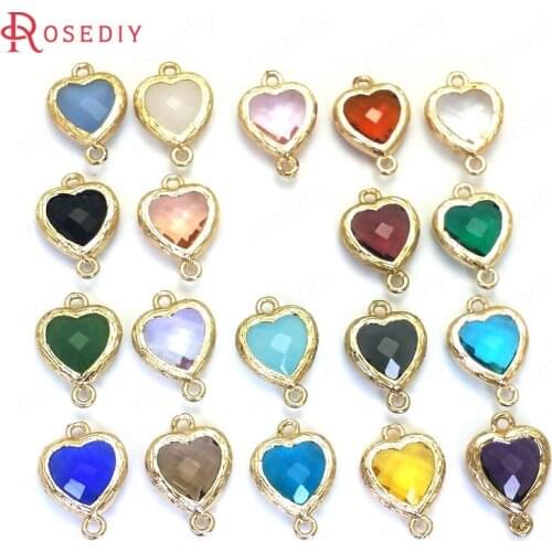 10PCS 15x10MM 16x11MM 24K Champagne Gold Color Brass and Glass 2 Holes Heart Shape Connect Charms Pendants Jewelry Accessories