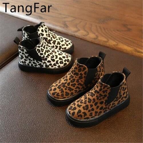 Autumn Winter Childrens Leopard Print Single Boots Boys Girls non-slip thin Fleece Boots Kids Waterproof Ankle Botas