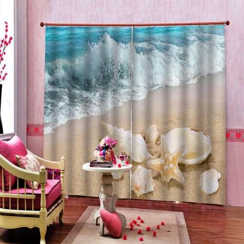 Seaside waves Beach Shell Window Curtain Digital Print For Living room Bedroom Blackout Drapes Decor sets (Left and Right Side)