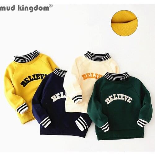 Mudkingdom Boys Mock Neck Sweatshirts Light Fleece Lined Toddler Tops Thicken Letter Stripe Sanding Kids Autumn Winter Clothes