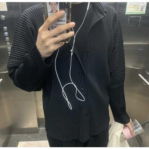 HOT SELLING Miyake fold Style men`s CASUAL long sleeve soild shirt IN STOCK