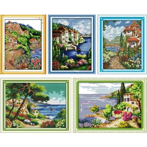 Joy Sunday Near Sea and Hill Cross Stitch Kits Stamped Embroidery 11CT 14CT Counted Printed Needlework Handmade Gifts Sets Decor